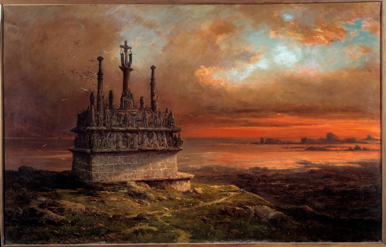 Golgata i Tronoen i solnedgangsmaleriet av Jacques Guiaud (1811-1876) Brest fra 1800-tallet, Musee des Beaux Arts av Jacques Guiaud