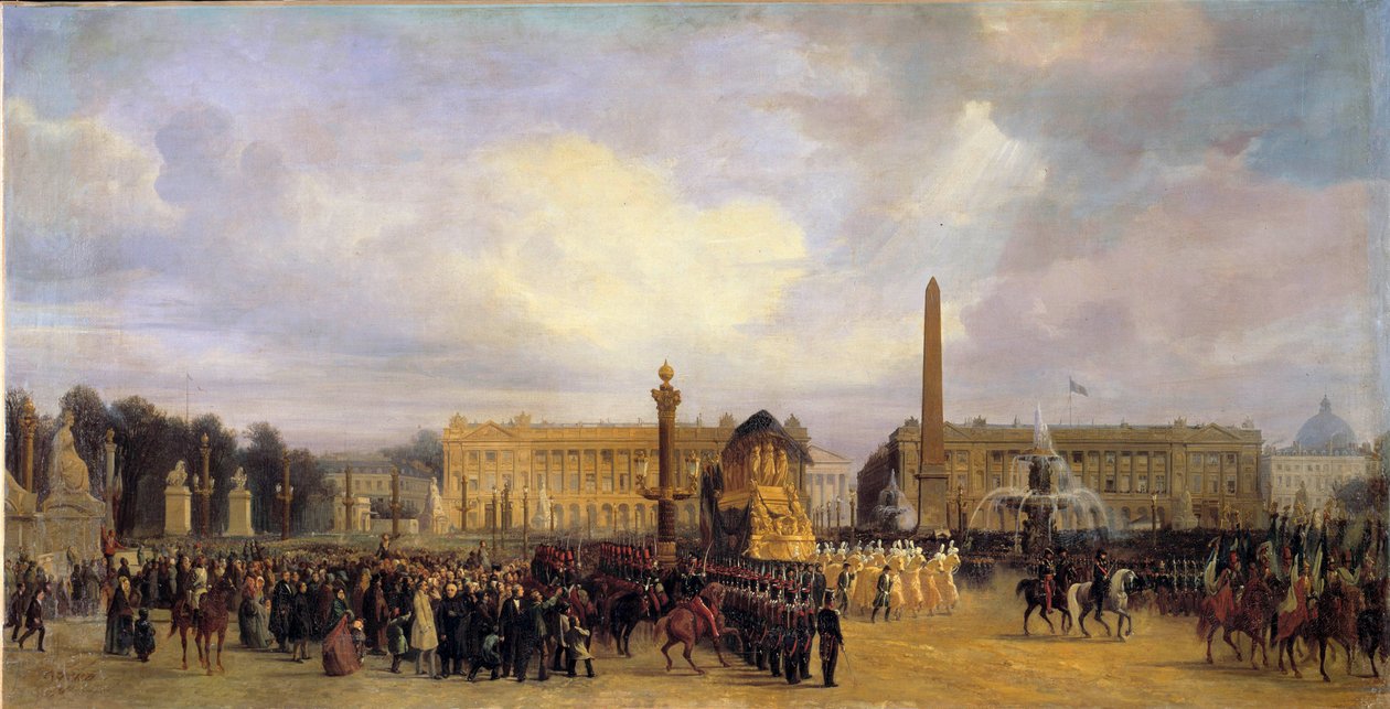 Retur av asken til Napoleon I (1769-1821) i Paris 15/12/1840: kortegen krysser Place de la Concorde-maleriet av Jacques Guiaud (1811-1876) 1841 Søn. 1,05x2,17 m. av Jacques Guiaud