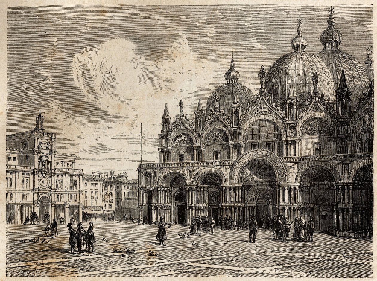Torget og Markuskirken (Saint Mark), tegning av Jacques Guiaud (1810-1876), for å illustrere Adalbert de Beaumonts reise til Venezia, rundt 1850. Gravering i “” Le tour du monde””, redigert av Edouard Charton av Jacques Guiaud