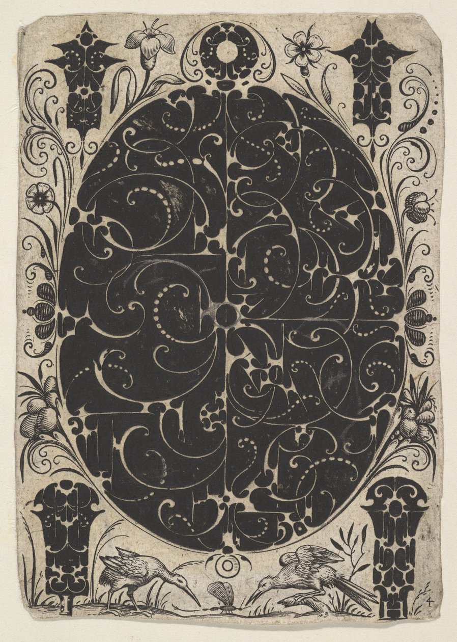 Oval kasse dekorert med Schweifwerk i to varianter, omgitt av mindre motiver..., ca. 1614-19. av Jacques Hurtu