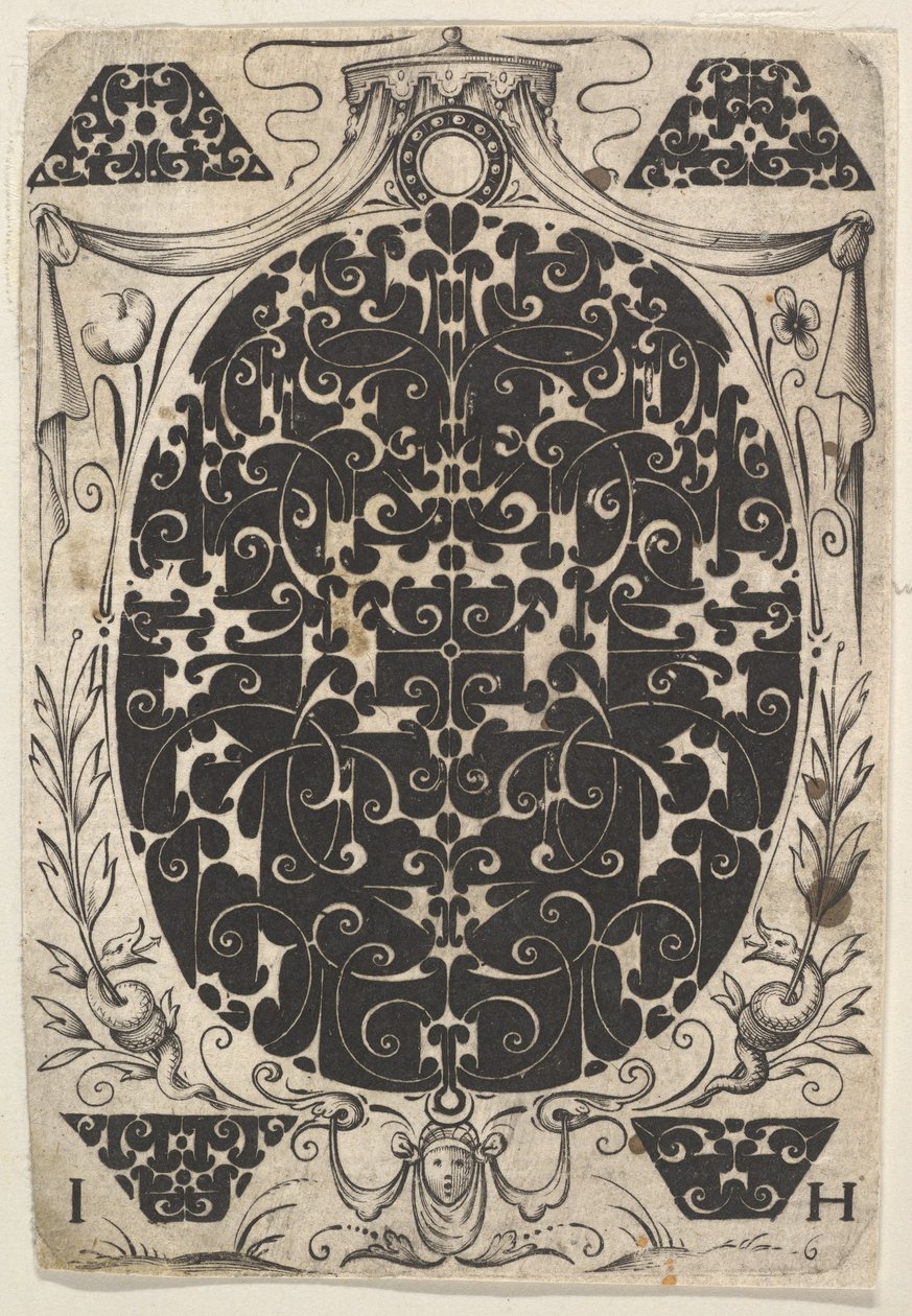 Ovalt anheng dekorert med Schweifwerk, omgitt av mindre motiver og kronet b..., ca. 1614-19. av Jacques Hurtu