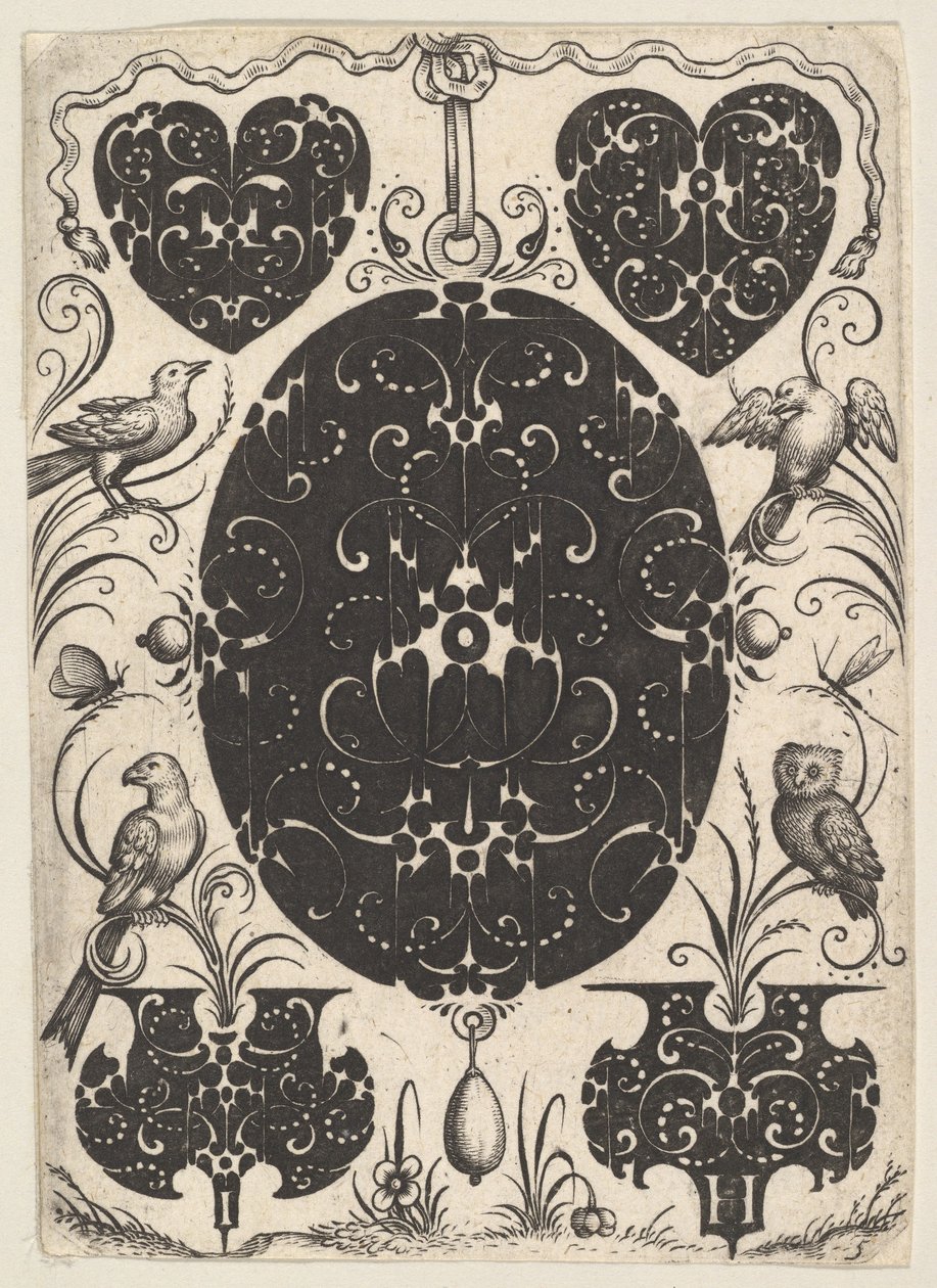Ovalt anheng dekorert med Schweifwerk, omgitt av mindre motiver og fire fugler, ca. 1614-19. av Jacques Hurtu