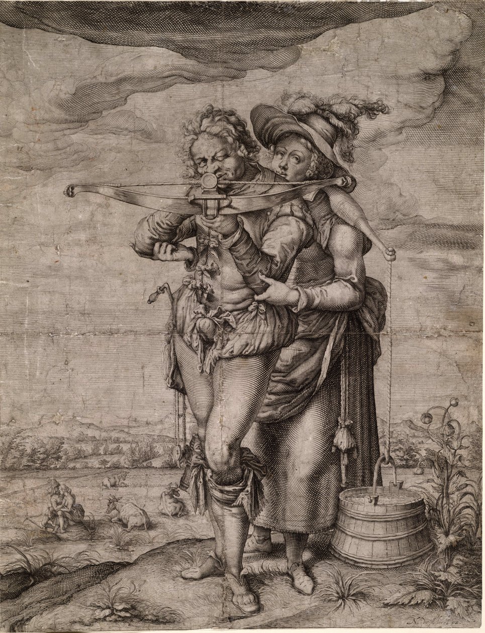 The Crossbowman and the Milkmaid - The Crossbowman and the Milkmaid - Gheyn, Jacques de, the Younger (Jacob De Gheyn II, dit le Jeune) (1565-1629) - ca. 1610 - Kobberstikk - 39,3x30 - Privat samling av Jacques II de Gheyn
