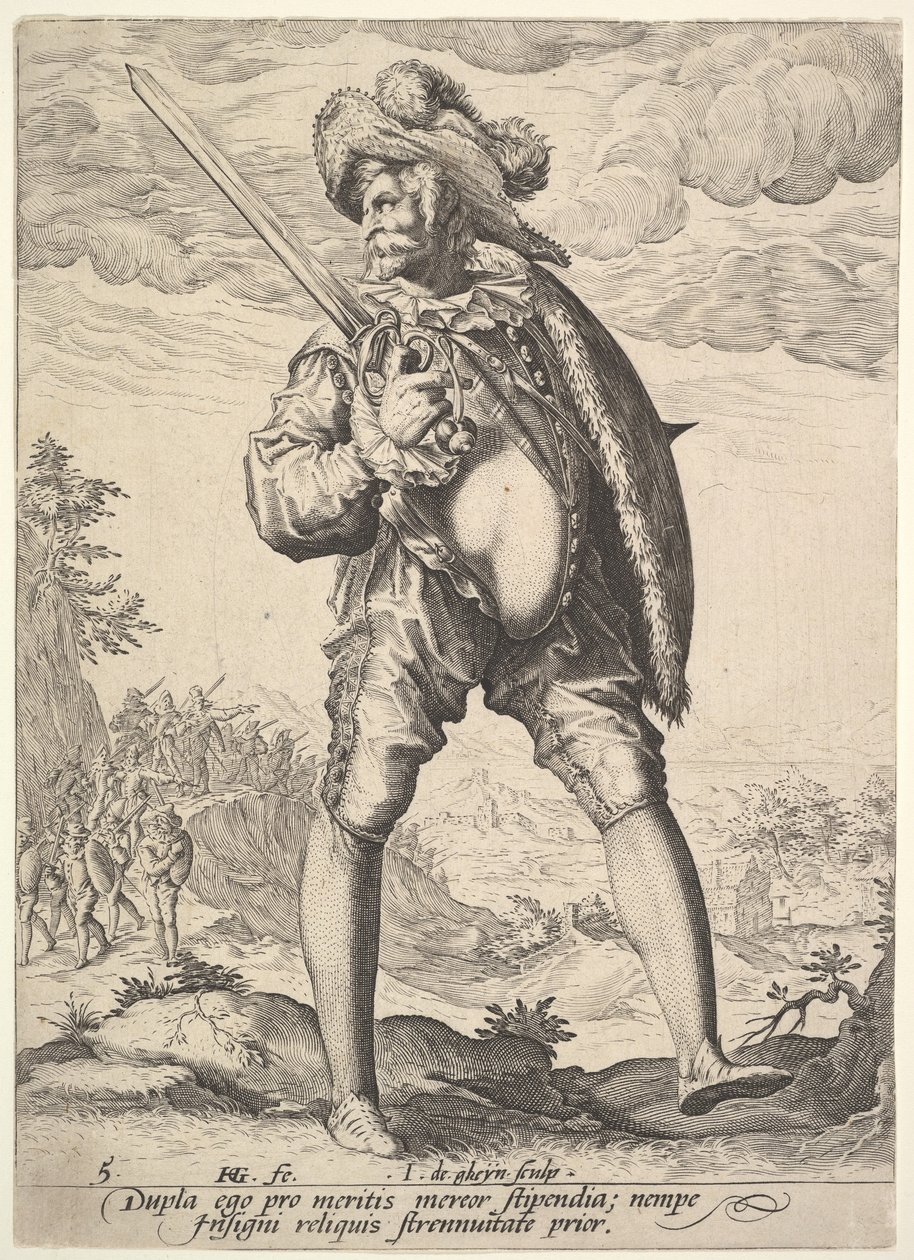 Soldat, bevæpnet med bredsverd og skjold, fra offiserer og soldater, 1587. av Jacques II de Gheyn