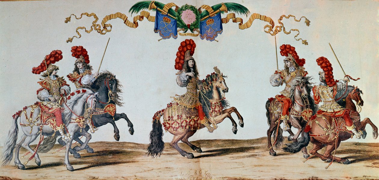 Karrusell av 1662: Kong Ludvig XIV og ridderne som deltok i Karusellen av 1662 i Paris (gravering) av Jacques I Bailly