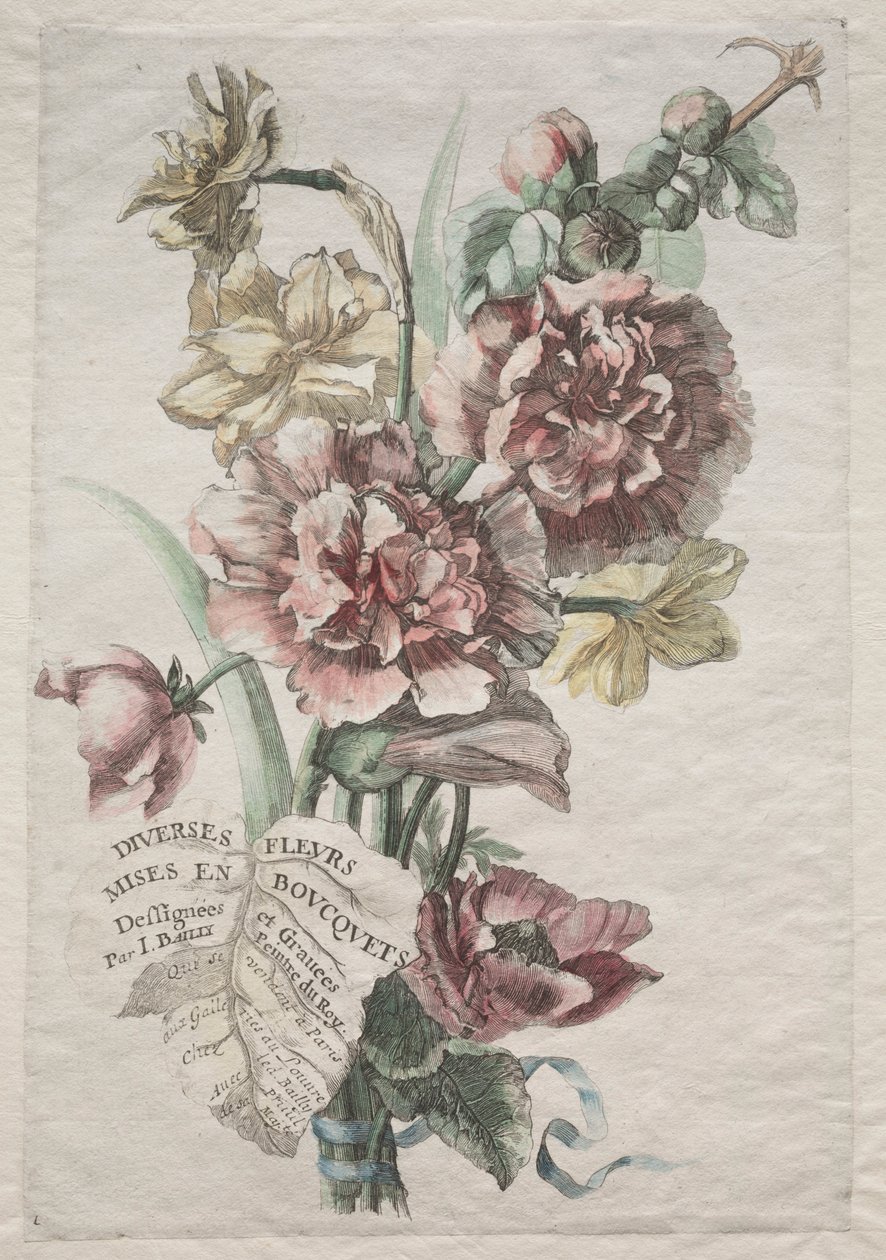 Forskjellige blomster i buketter: nr. 1 - Stokroser og Narcissus, ca. 1670. av Jacques I Bailly