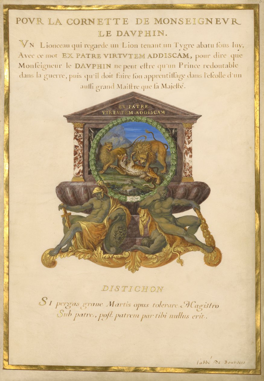 Ms. 11 (4) f.5, Emblem for Louis XIV, ca. 1663-68 (gouache og gull på pergament) av Jacques I Bailly