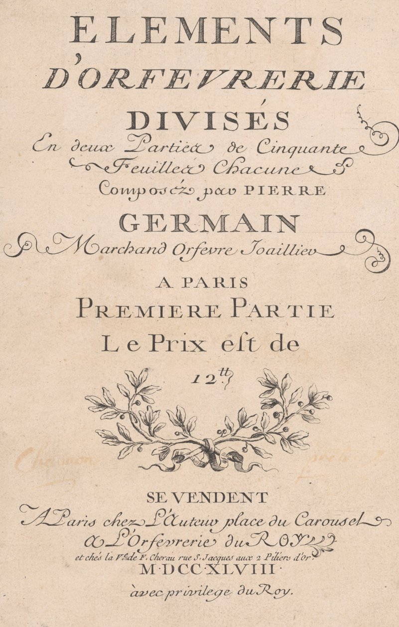 Elements d'Orfevrerie delt inn i to deler av femti blader, 1748 av Jacques Jean Pasquier