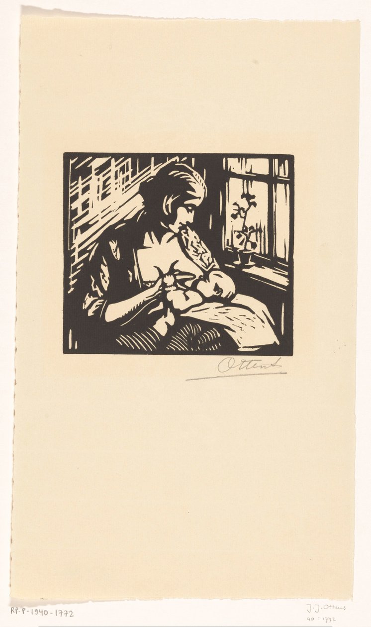 Kvinne som ammer et barn av Jacques Jeichienus Ottens (signed by artist)