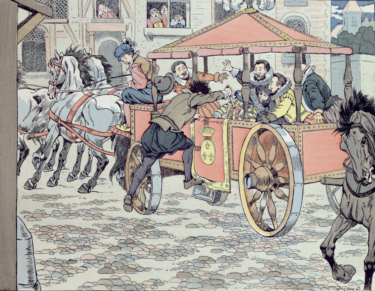 Attentatet på Henri IV av Francois Ravaillac i rue de la Ferronerie 14. mai 1610, ca. 1900 av Jacques Marie Gaston Onfray de Breville (Job)