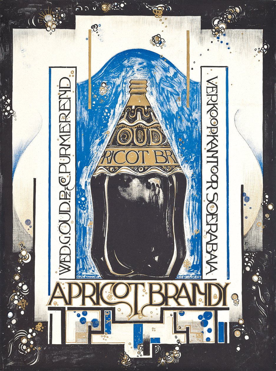 Plakat med reklame for aprikosbrandy, for vin- og sherryselgeren Oud, ca. 1920 (farge litho) av Jacques Jongert