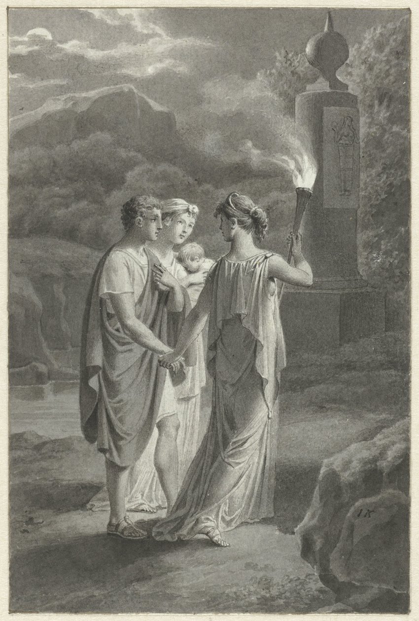 Design for en bokillustrasjon med en ung familie og en kvinne med en lommelykt av Jacques Kuyper