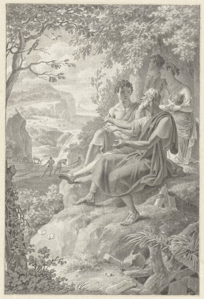 Design for en bokillustrasjon med en gammel historieforteller, en ung familie og alle slags dyr av Jacques Kuyper