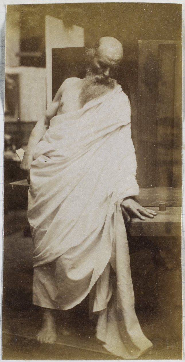 Studie av en mannlig modell, en gammel skjeggete mann drapert i hvitt tøy, i verkstedet til Jacques de Lalaing av Jacques Lalaing (attributed to)