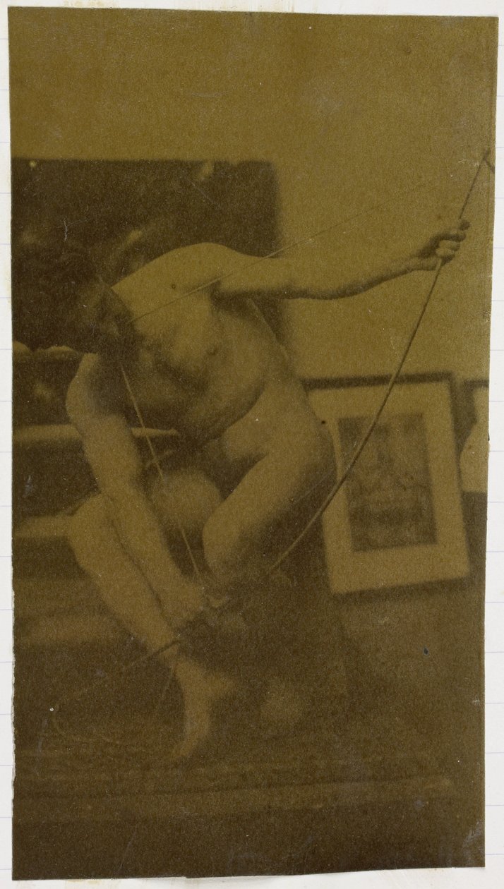 Studie av en mannlig nakenmodell, huket med en bue i hånden, sett forfra, i studioet til Jacques de Lalaing av Jacques Lalaing (attributed to)