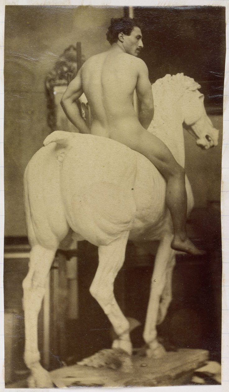 Studie av en mannlig nakenmodell, sittende på en gipshest, i studioet til Jacques de Lalaing, mulig forstudie for Equestrian Portrait, Museum of Fine Arts Ghent av Jacques Lalaing (attributed to)