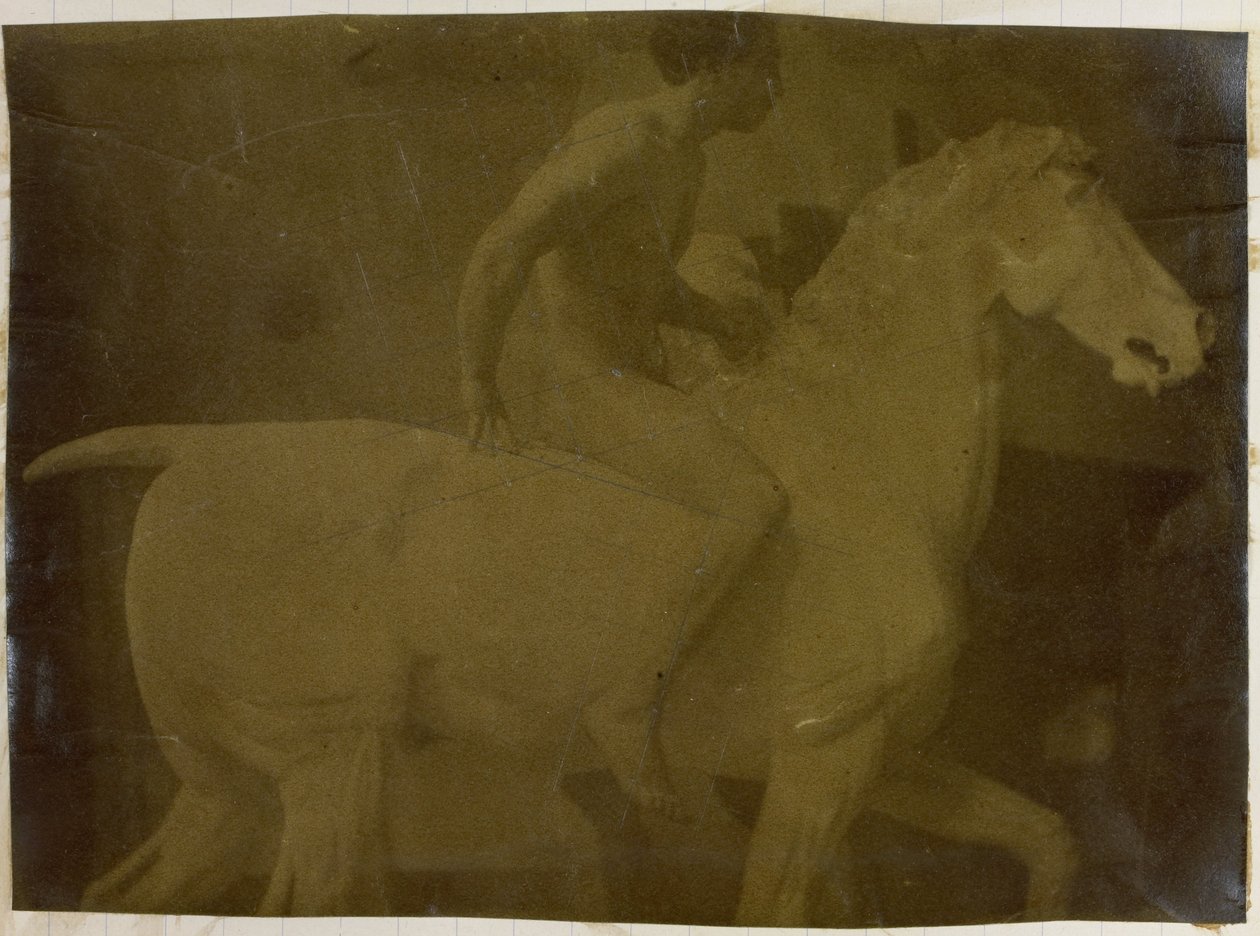 Studie av en mannlig nakenmodell, sittende på en gipshest, i studioet til Jacques de Lalaing, mulig forstudie for Equestrian Portrait, Museum of Fine Arts Ghent av Jacques Lalaing (attributed to)