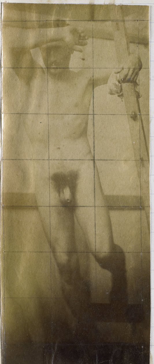 Studie av en mannlig nakenmodell, hengende på et trestillas, i studioet til Jacques de Lalaing av Jacques Lalaing (attributed to)