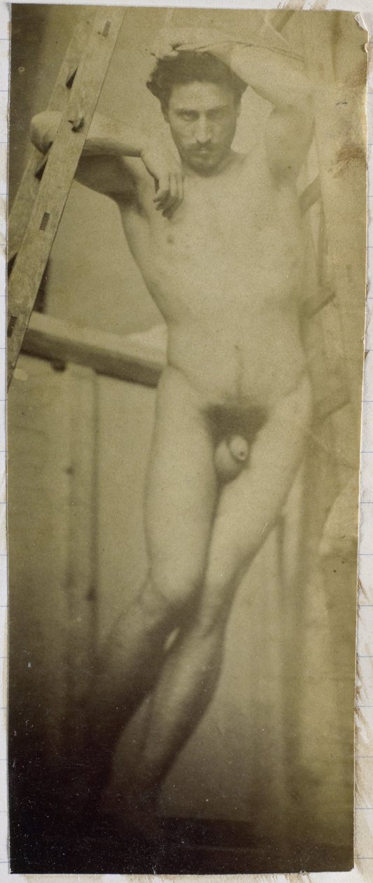 Studie av en mannlig nakenmodell, hengende i et trestillas, i studioet til Jacques de Lalaing av Jacques Lalaing (attributed to)