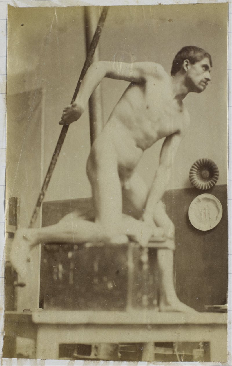 Studie av en mannlig nakenmodell med spyd i hånden i studioet til Jacques de Lalaing av Jacques Lalaing (attributed to)