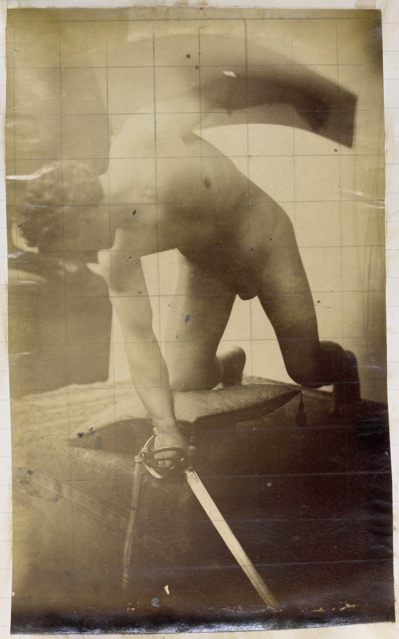 Studie van een mannelijk naaktmodel, op de knieën met een zwaard en schild in de handen, in het atelier van Jacques de Lalaing   1329795   no       norwegian Successfully Translated  Original: The Actor Iwai Hanshiro IV as Otatsu-gitsune in the Play Nue no av Jacques Lalaing (attributed to)