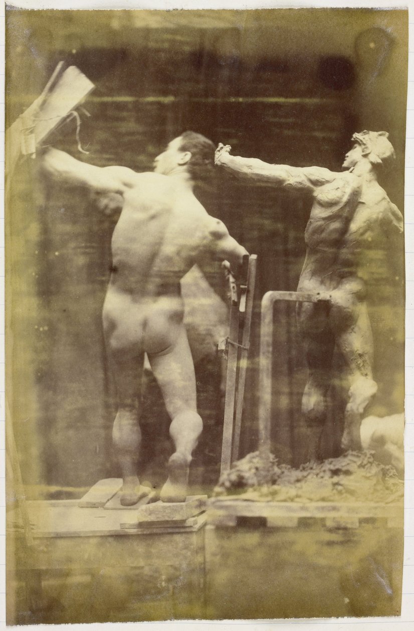 Studie av en mannlig nakenmodell, sett fra baksiden og for hånd i et stillas, ved siden av en gipsmodell i nøyaktig samme positur, i studioet til Jacques de Lalaing av Jacques Lalaing (attributed to)