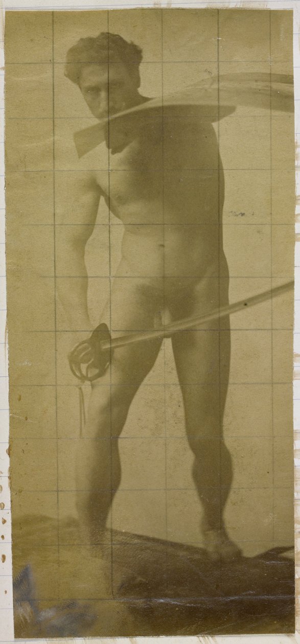 Studie av en mannlig nakenmodell, stående med sverd og skjold i hendene, i studioet til Jacques de Lalaing av Jacques Lalaing (attributed to)