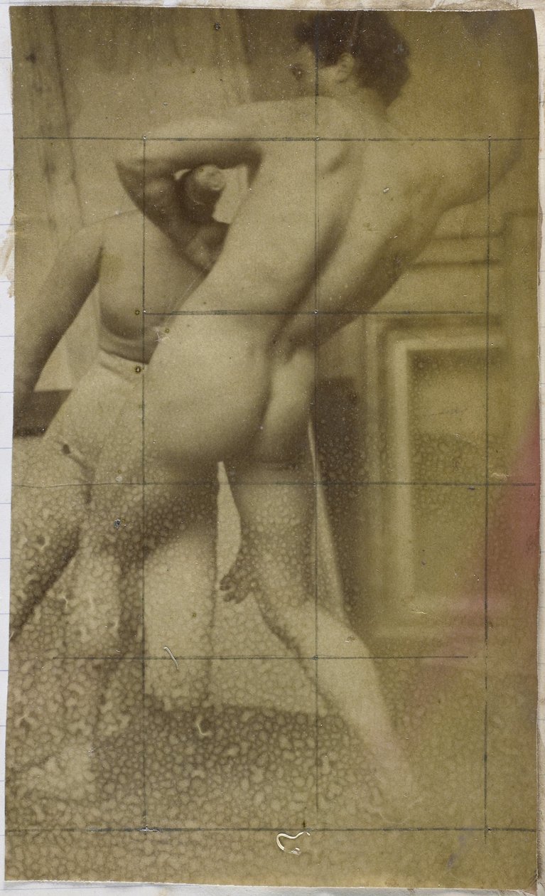 Studie av en mannlig nakenmodell, stående, sett fra ryggen og bryting med utstillingsdukke, i studioet til Jacques de Lalaing, mulig forstudie for maleriet Wrestlers av Jacques Lalaing (attributed to)