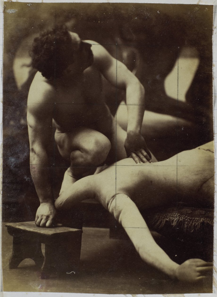 Studie av en mannlig nakenmodell som bryter med en mannequin, i studioet til Jacques de Lalaing av Jacques Lalaing (attributed to)