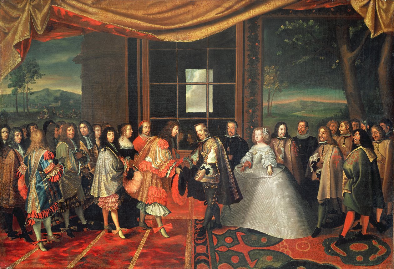Møte mellom Louis XIV og Philippe IV på Isle des Faisans, 7. november 1659 (olje på lerret) av Jacques Laumosnier