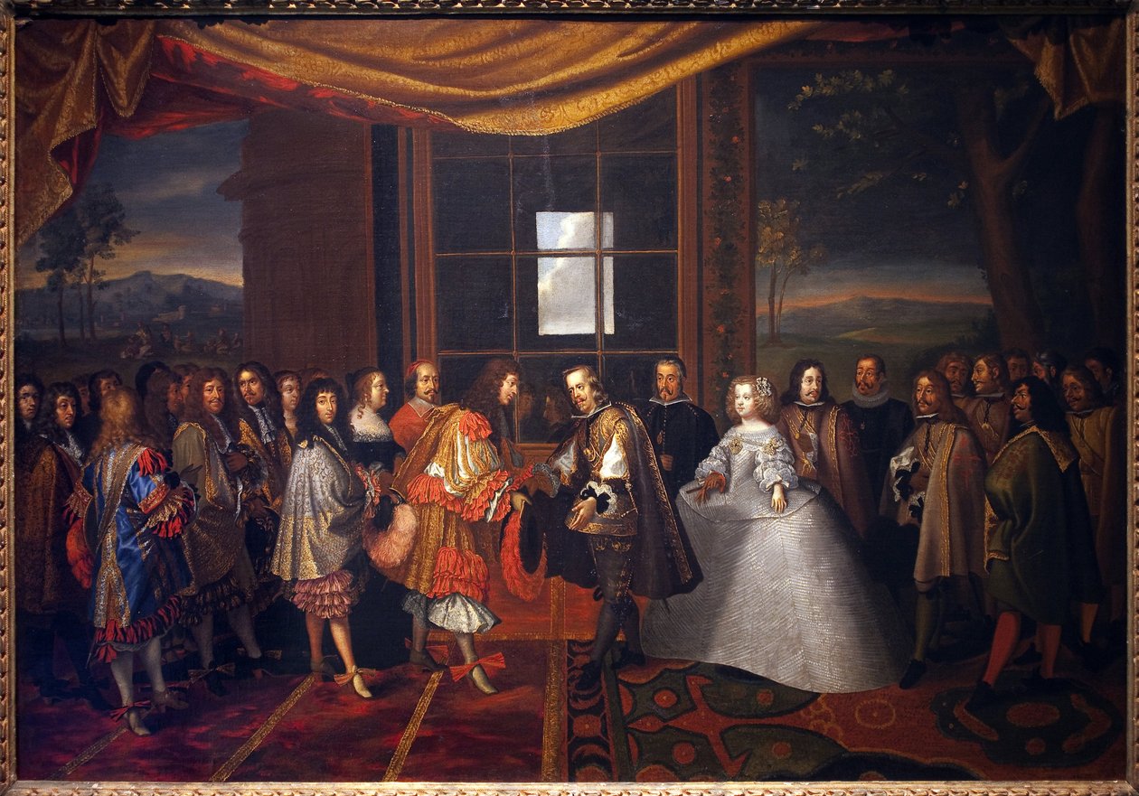 Tretti års krig: "" Intervju av kongen av Frankrike Ludvig XIV (1638-1715) og Filip IV av Spania (1605-1665) på øya Paisans den 7.11.1659"" Spania samtykker i å undertegne traktaten om Pyreneene. Datteren til Philip IV, Marie Therese (Marie-Therese) av Jacques Laumosnier