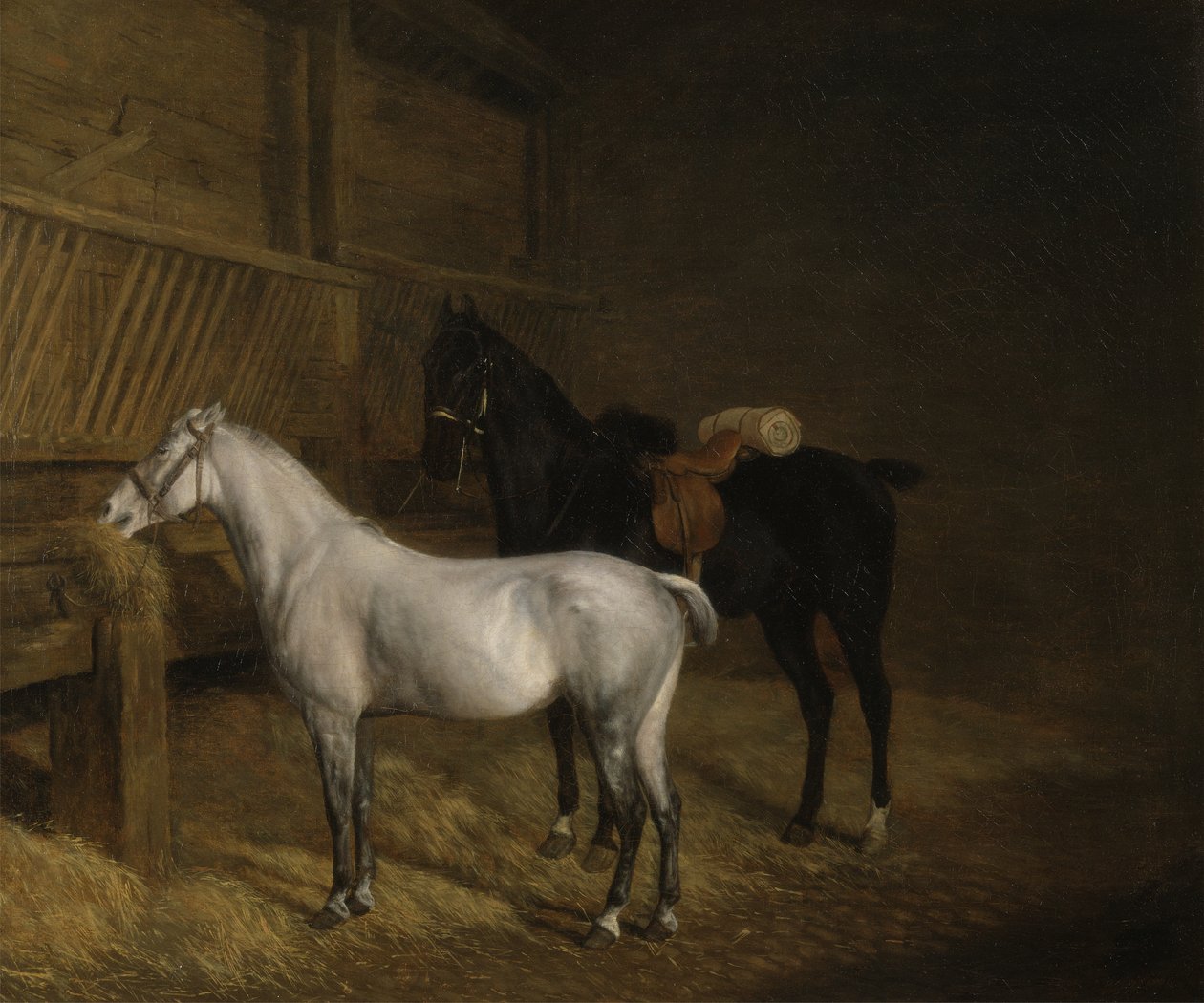 En grå ponni og en svart lader i en stall (olje på lerret) av Jacques Laurent Agasse