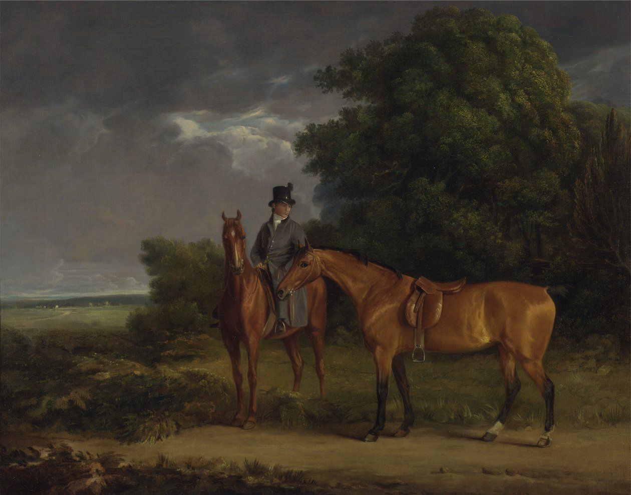 En brudgom montert på en kastanjejeger, han holder en Bay Hunter ved tøylene (olje på lerret) av Jacques Laurent Agasse
