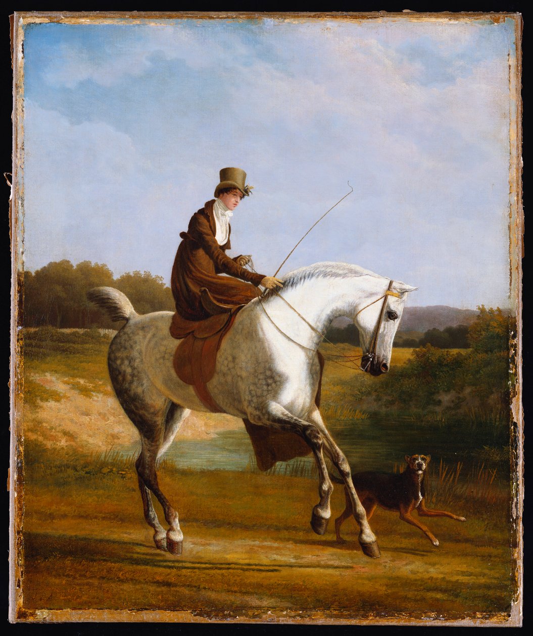 Frøken Cazenove på en grå jeger, en hund som løper ved siden av av Jacques Laurent Agasse