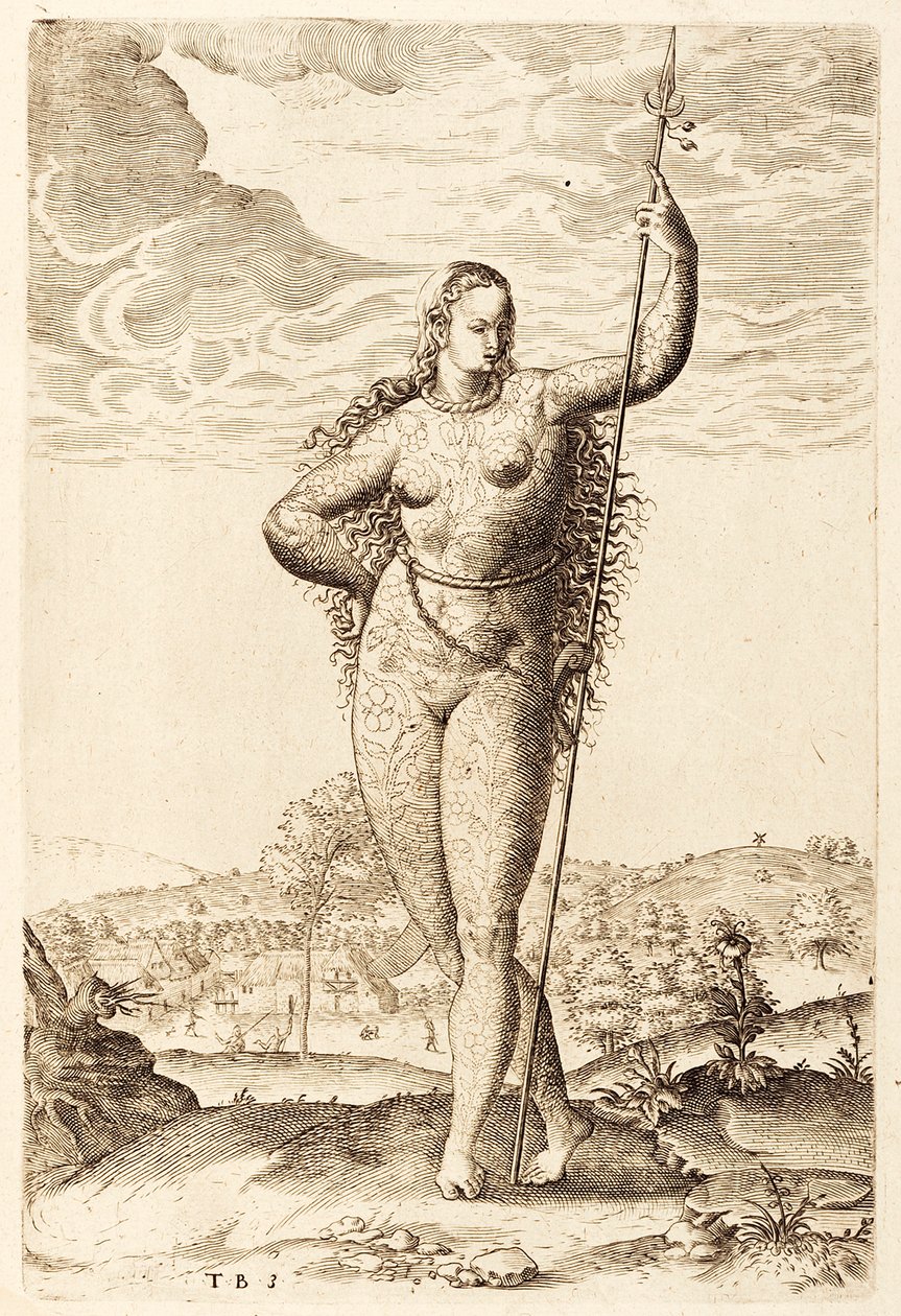A Young Pictish Woman, c1585 (bw gravering) av Jacques Le Moyne