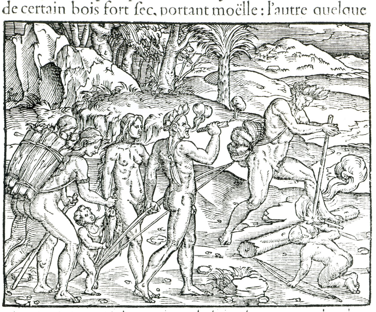 Indiske innfødte gjør ild etter jakt, gravert av Theodor de Bry (1525-75) av Jacques Le Moyne