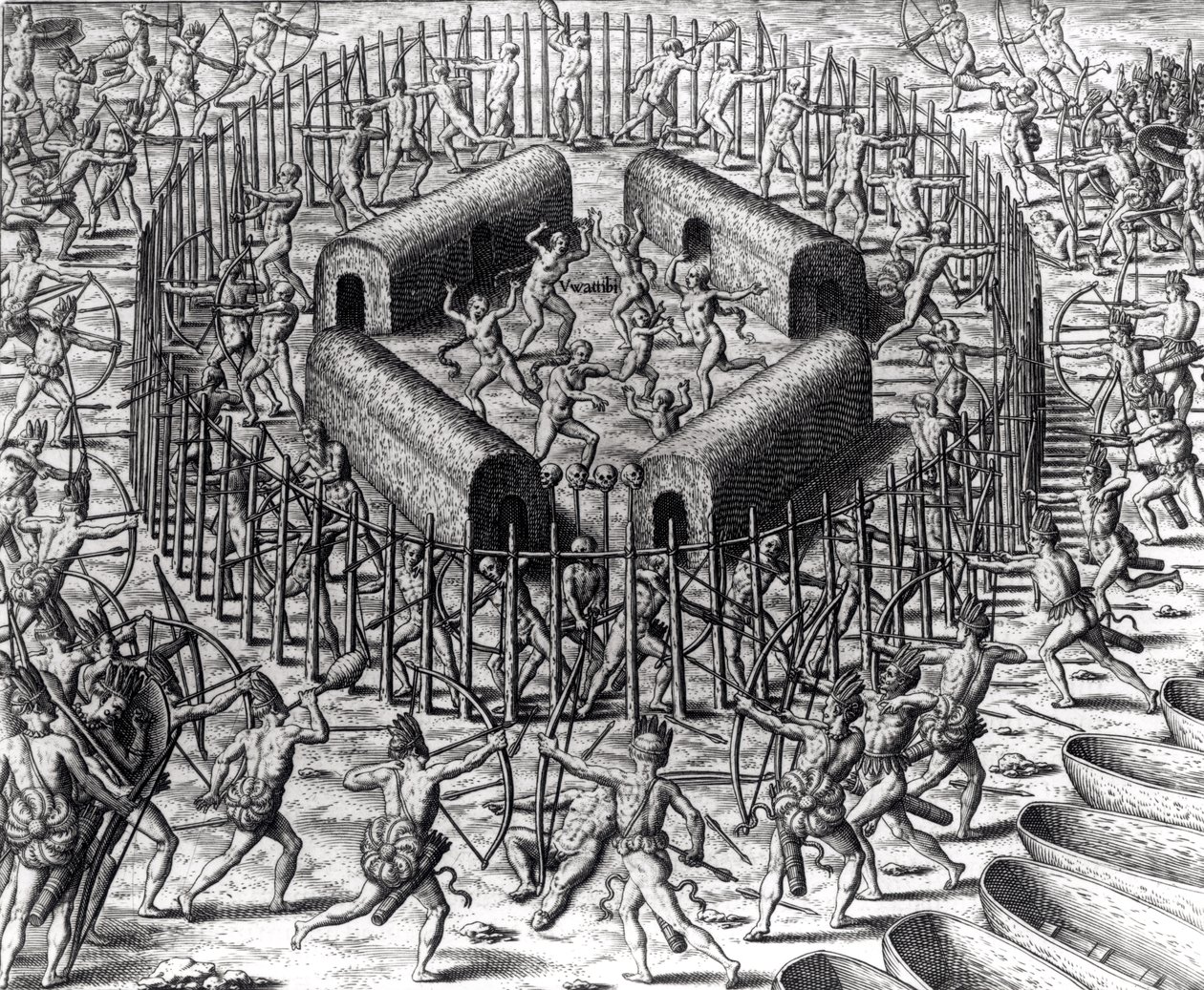 Johannes Staden hjelper til med å forsvare indianerne som fanget ham mot Tuppin Tkins, gravert av Theodore de Bry (1528-98), fra 