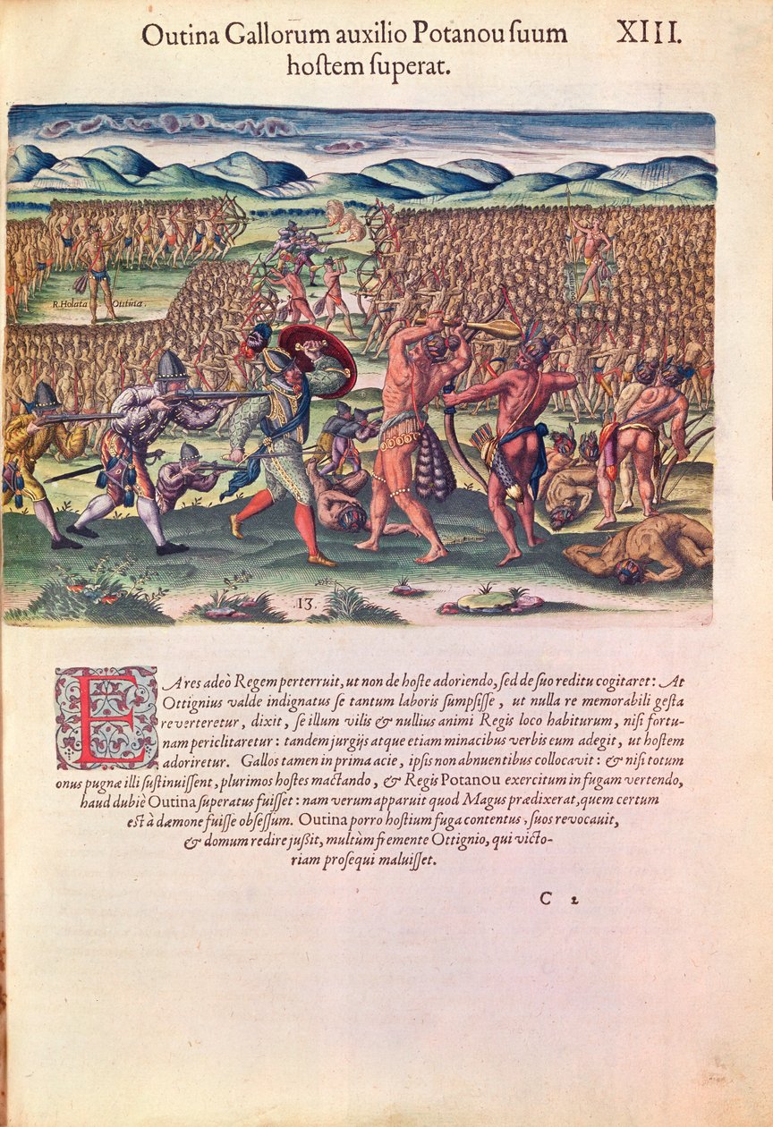 Franskmennene hjelper indianerne i kamp, fra 'Brevis Narratio..', gravert av Theodore de Bry (1528-98) utgitt i Frankfurt, 1591 (se også 111679) av Jacques Le Moyne