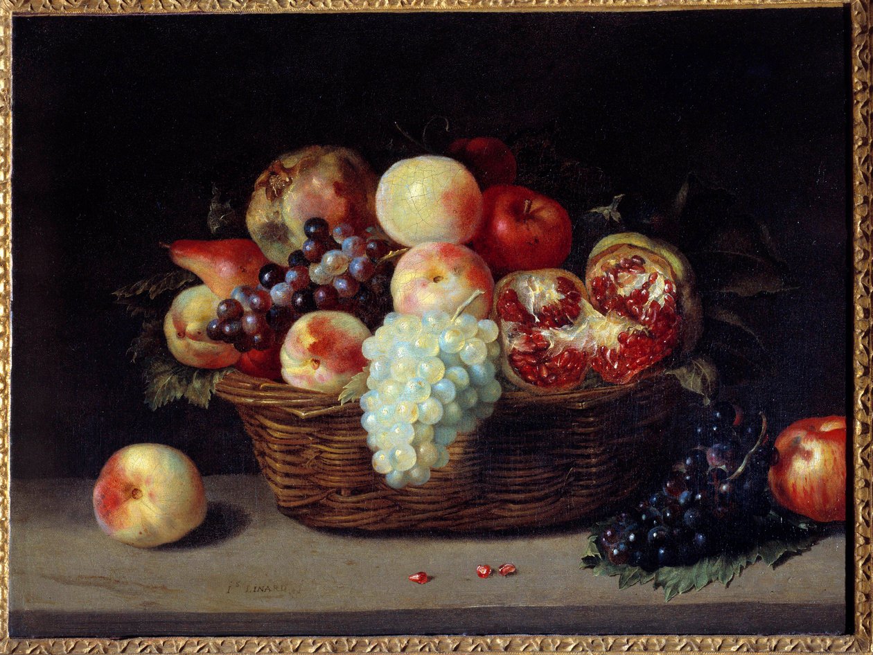 Kurv med granater, fersken og druer Maleri av Jacques Linard (1600-1645) 1600-tallet Søn. 0,46x0,61 m av Jacques Linard