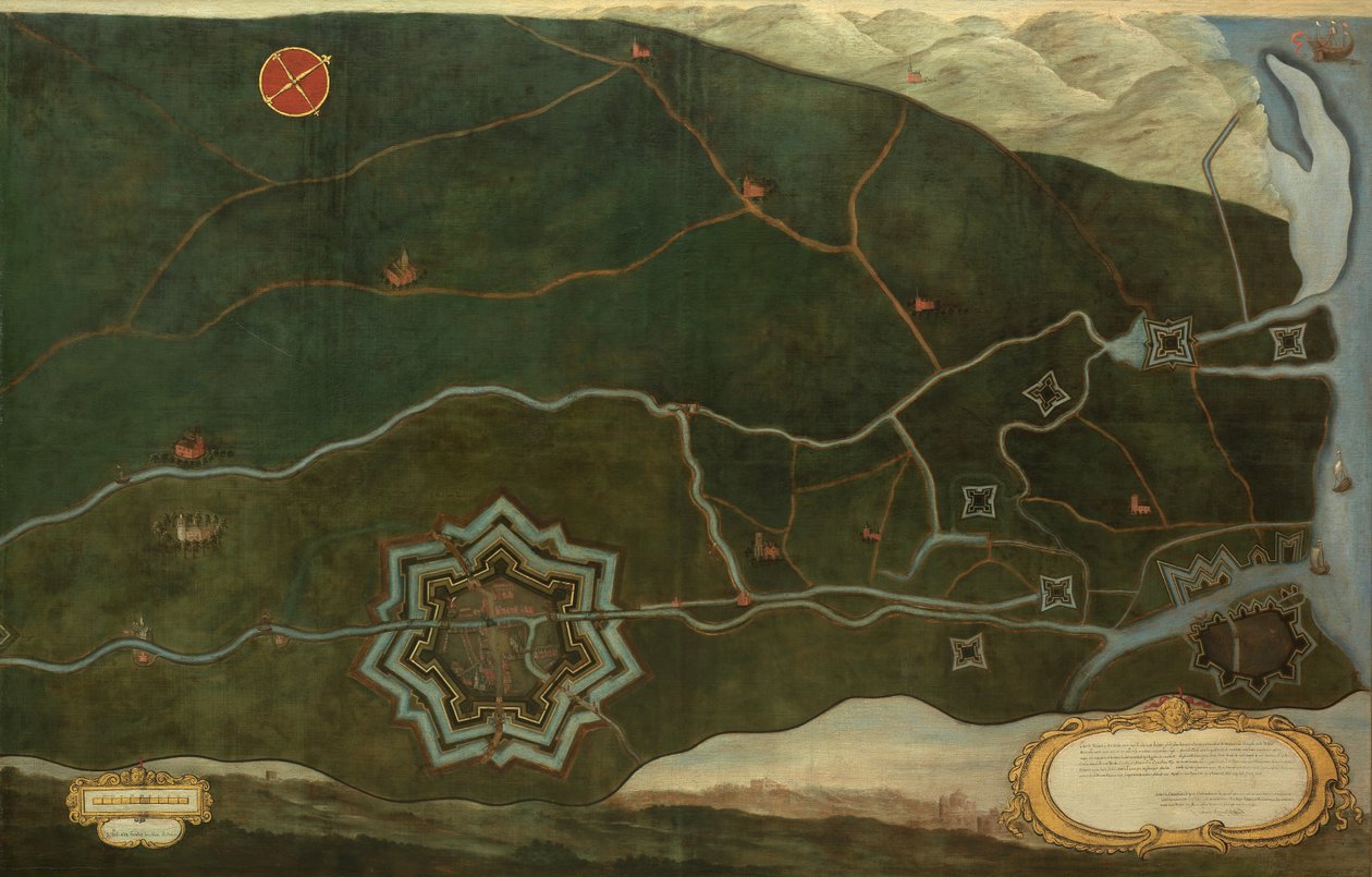 Kart over Damme og de spanske grensefestningene nær Sluis (olje på lerret) av Jacques Lobberecht