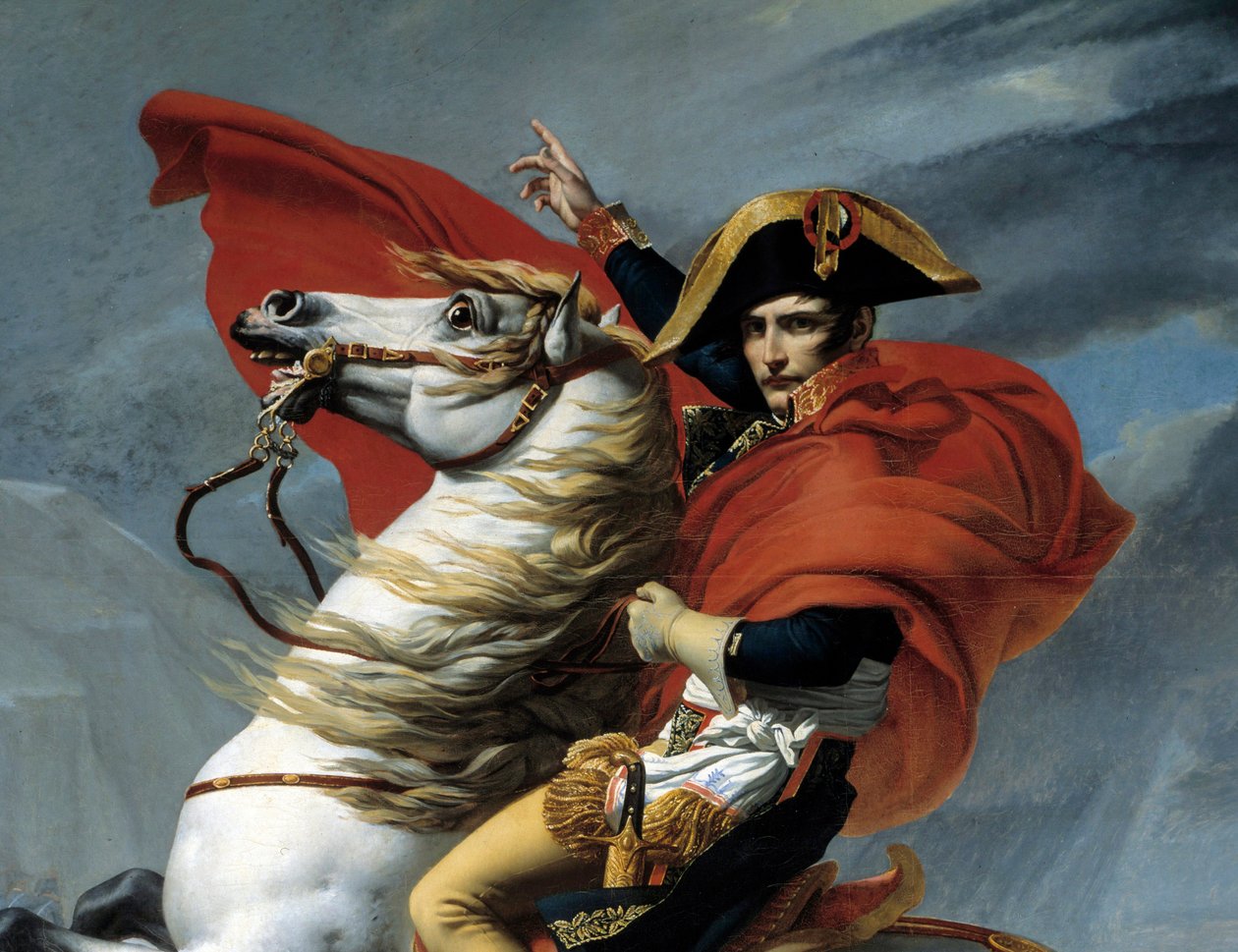 Den første konsulen Napoleon Bonaparte (1769-1821) krysset Alpene ved passet til Grand Saint-Bernard i mai 1800 Detalj. Maleri av Jacques Louis David (1748-1825) Paris fra 1800-tallet, Musee de l