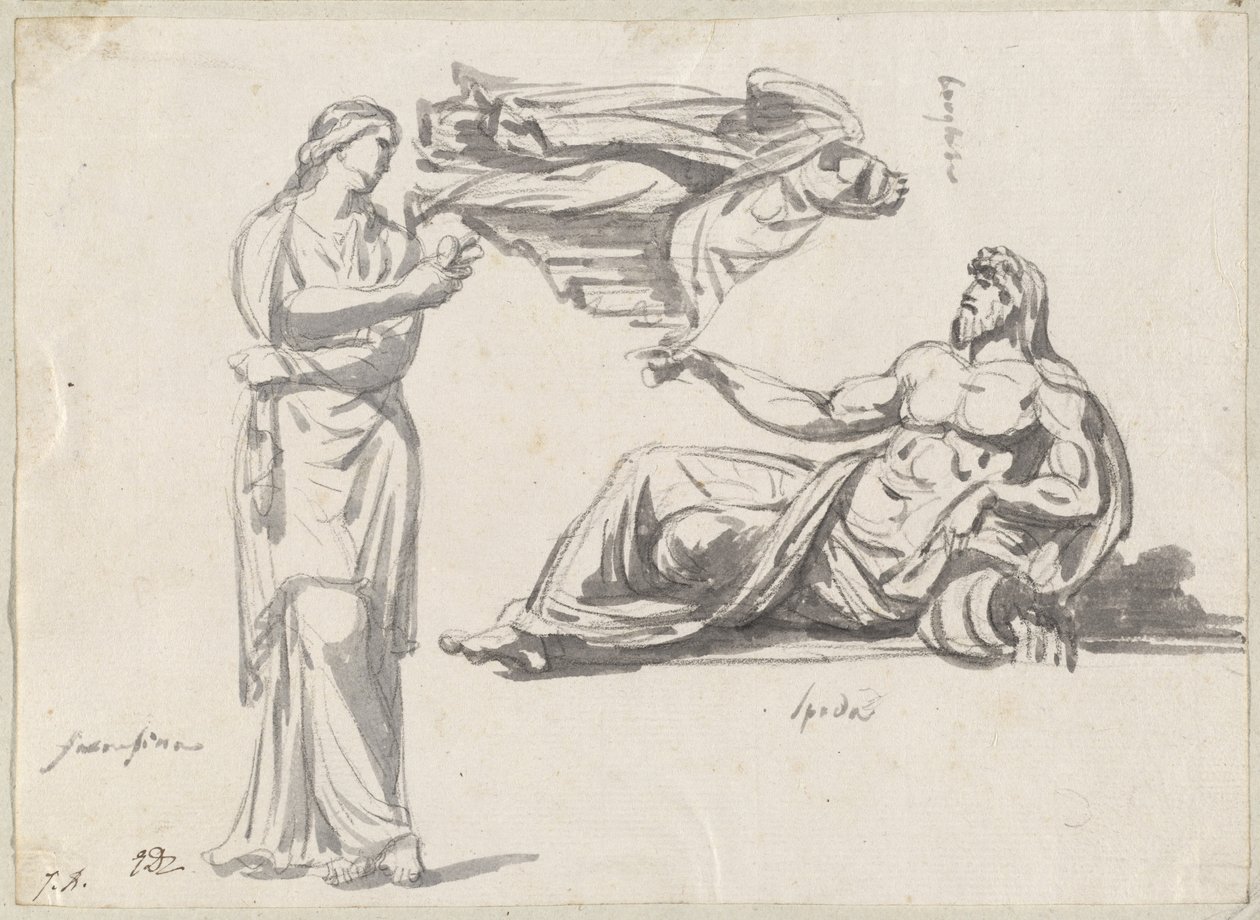 En elvegud og to klassiske skulpturer av Jacques Louis David