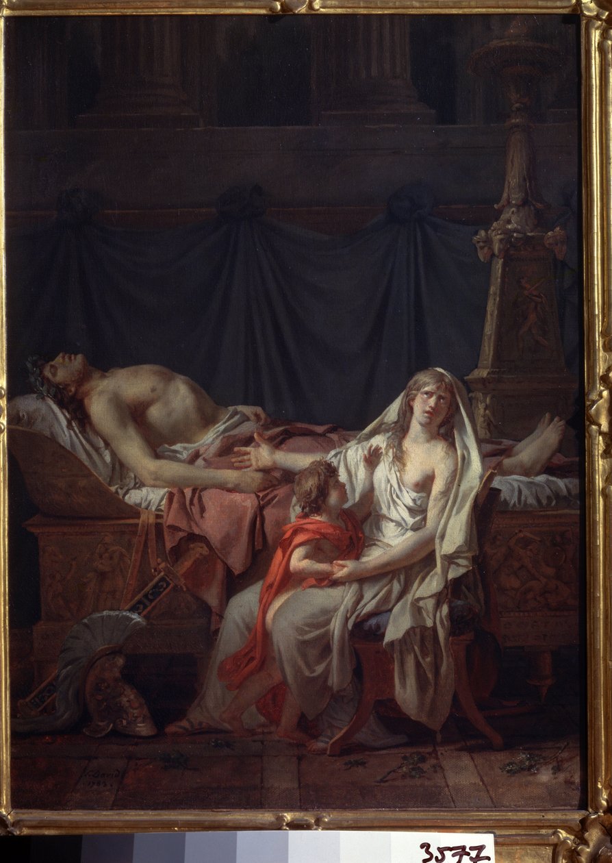 ""Andromache sørger over Hector"" (Andromache sørger over Hector). Også kalt "" The Pain and Regrets of Andromache on the Body of Hector Her Mann "". Andromaque og hennes sønn Astyanax foran liket av Hector, drept un av Jacques Louis David