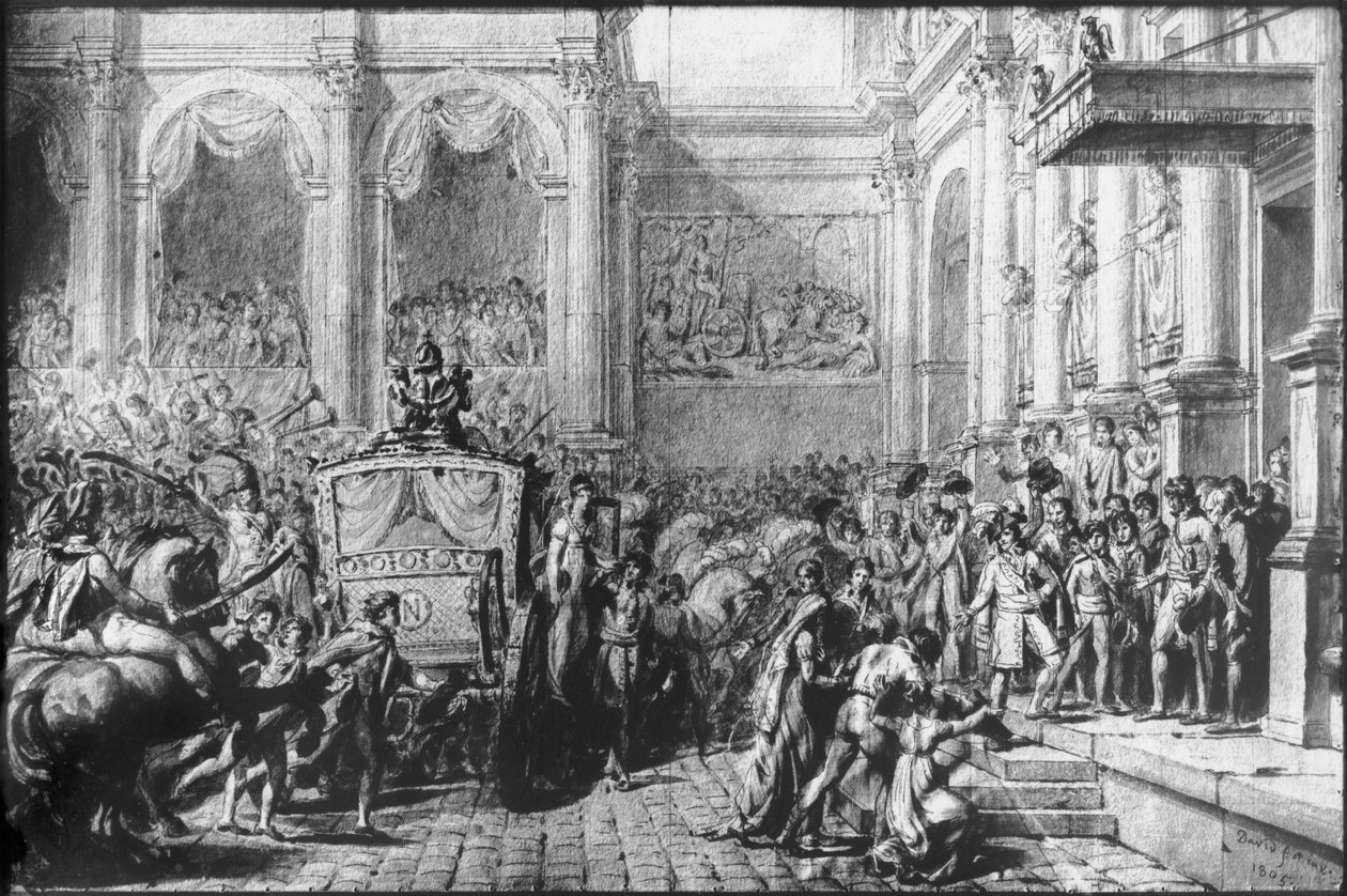 Tilbake fra innvielsen, Napoleon ankommer Hotel de Ville, Paris, 1805 (penn og svart blekk og grå vask og grafitt på papir) av Jacques Louis David