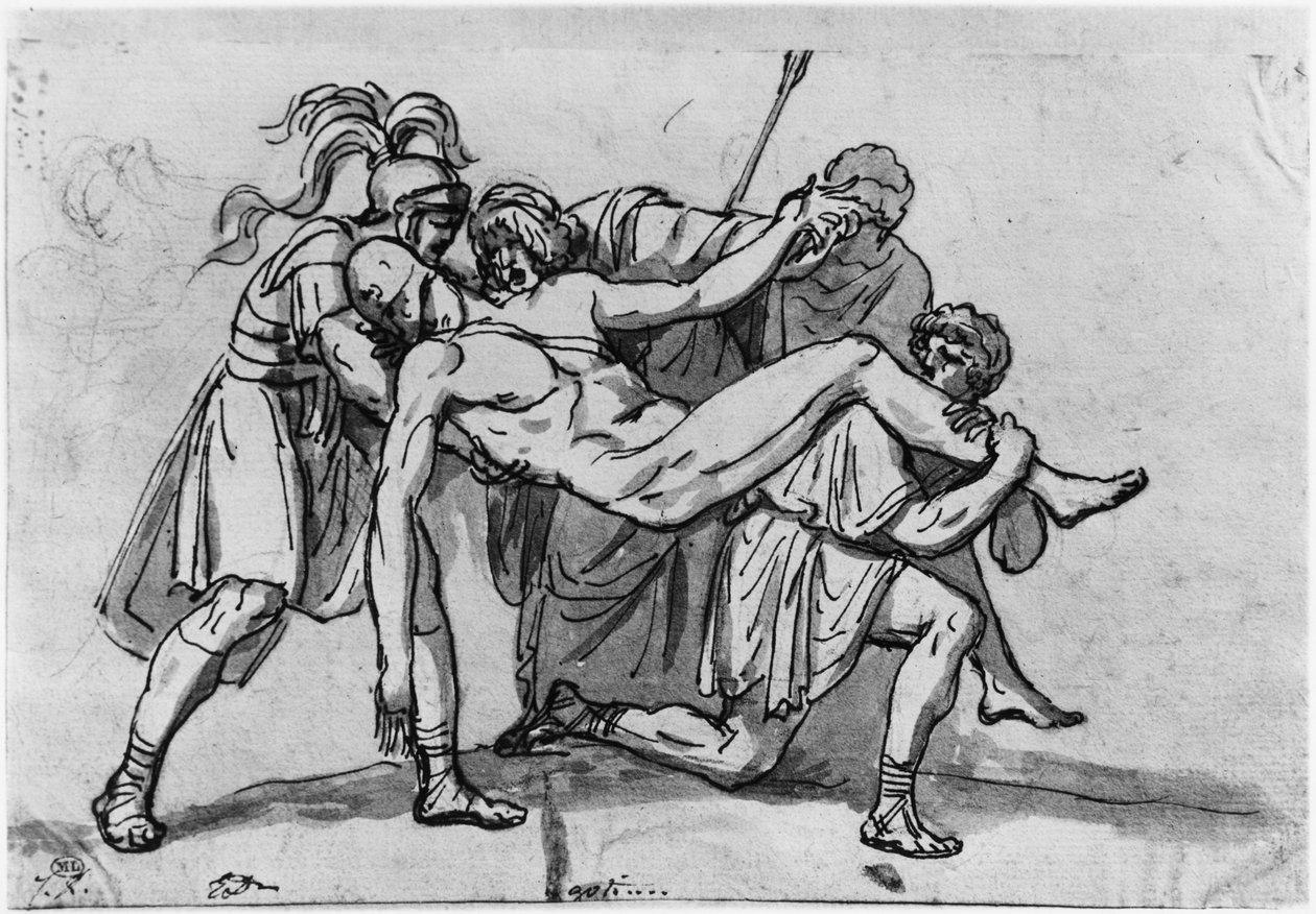 Death of Meleager (penn og brunt blekk og grå vask og pierre noire på papir) av Jacques Louis David