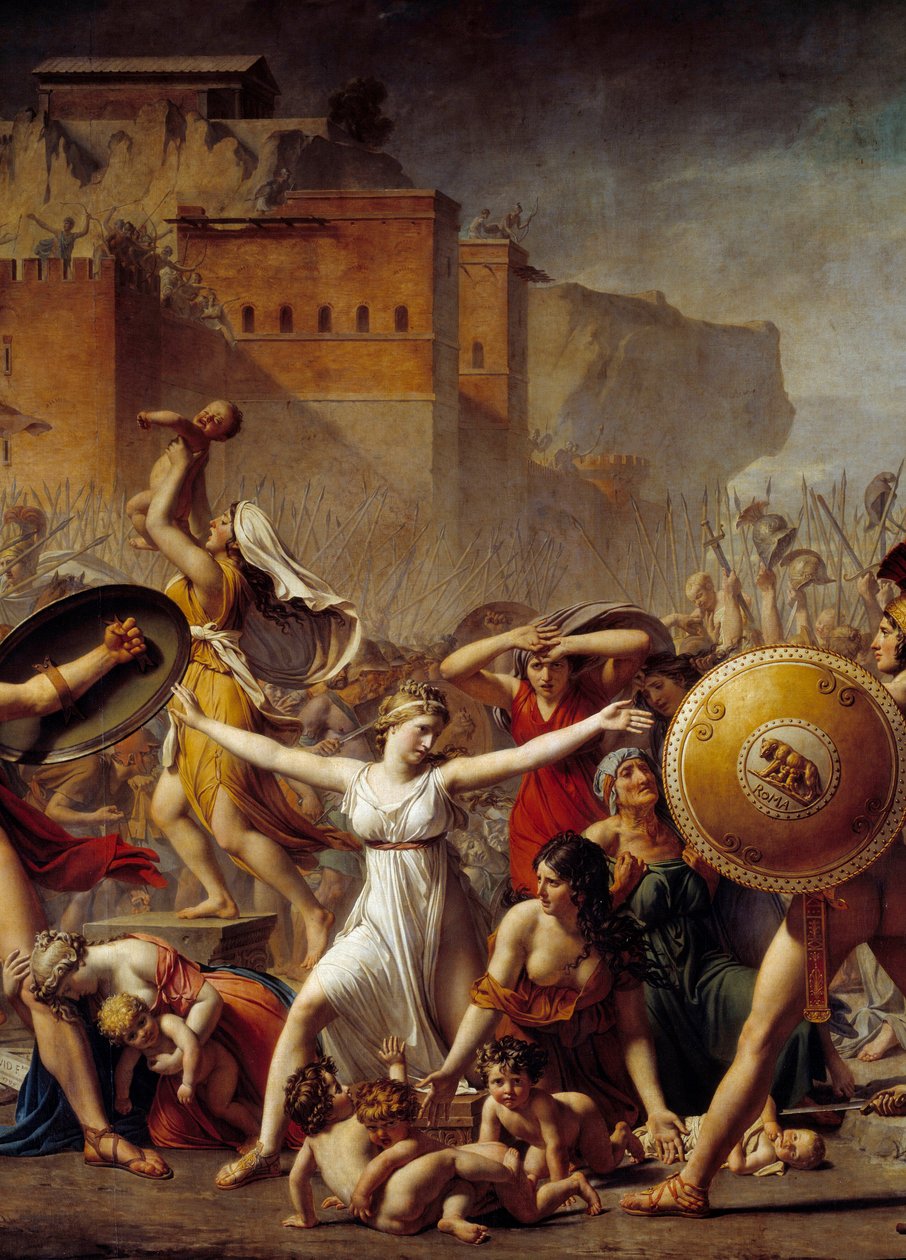 Detalj: "" The Sabines""" mellom deres romerske ektemenn (til høyre) og deres Sabins-brødre (til venstre) og viser dem barna deres - Maleri av Jacques-Louis (Jacques Louis) David (1748-1825) av Jacques Louis David