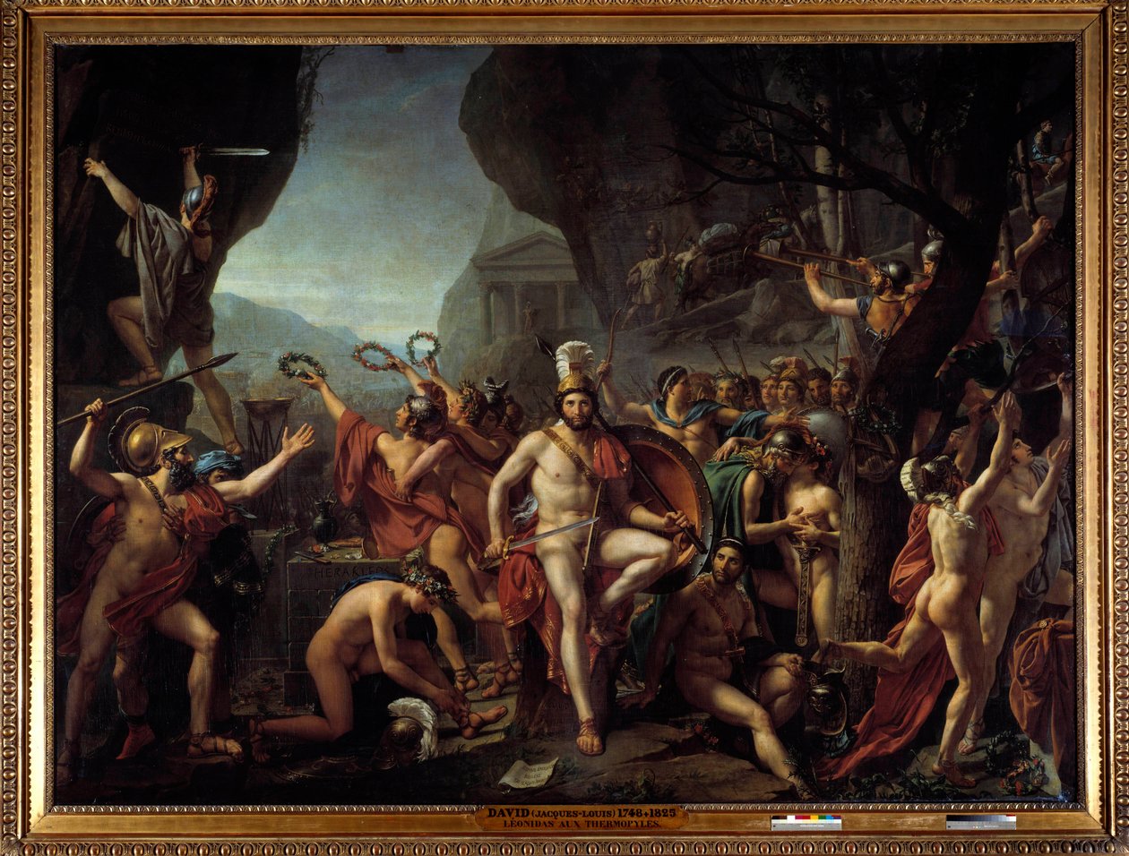 Leonidas til Thermopyls Episode av slaget ved Thermopyls i 480 f.Kr., i motsetning til grekerne mot perserne av Xerxes I, Leonidas I, kongen av Sparta, holder armene sine, sitter på en stein, nær Hercules-alteret, bakerst en tropp av spartanere går videre  av Jacques Louis David