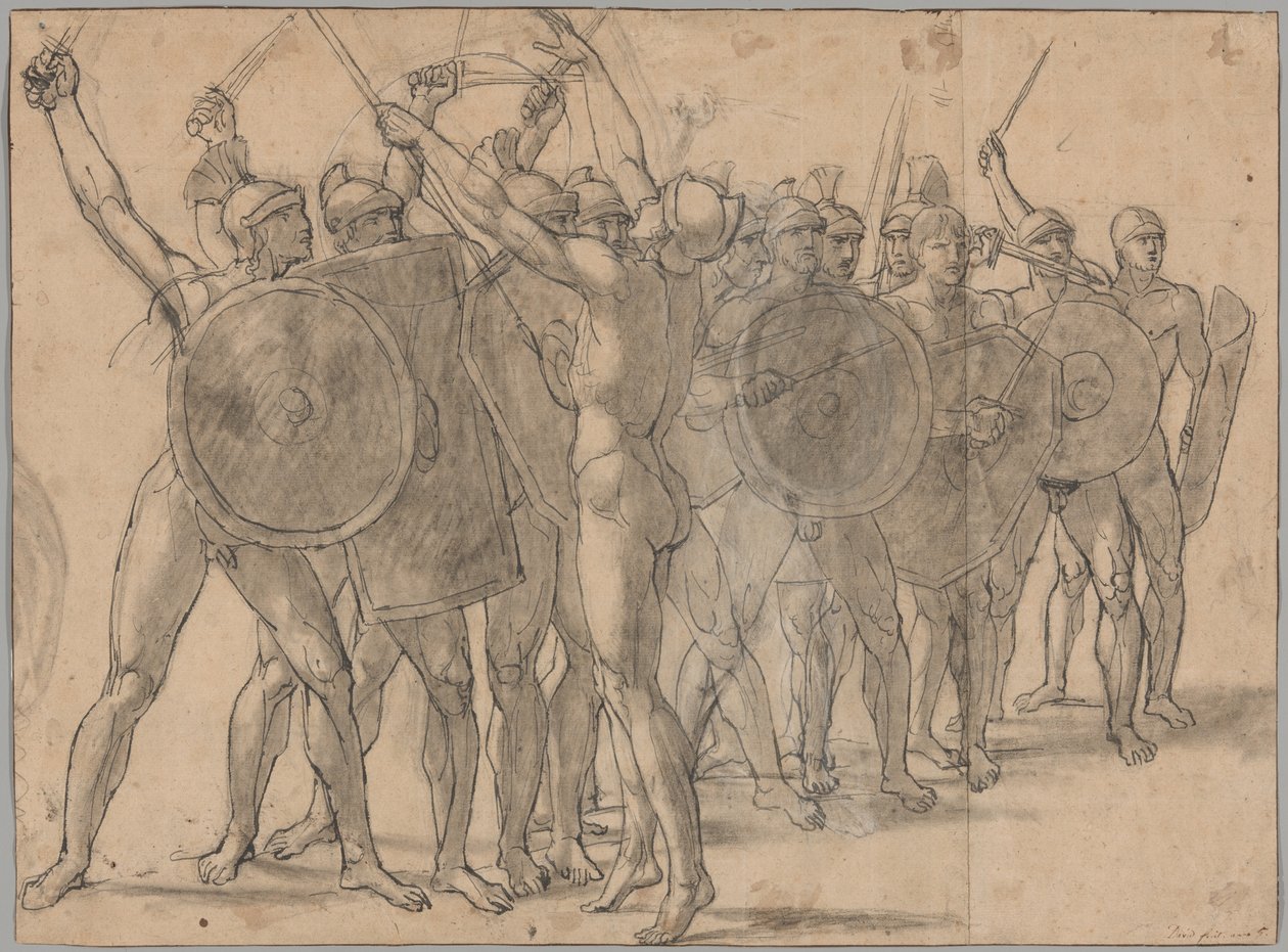 Nakne soldater som gestikulerer med våpnene sine (recto); To draperistudier for figuren til Tatius (verso) av Jacques Louis David