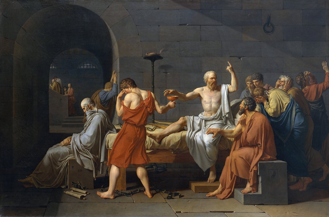 Suicide of Socrate, ancient greek philosopher (5th siecle av. JC) had to drink cigue after being accused of impiety and youth corruption av Jacques Louis David