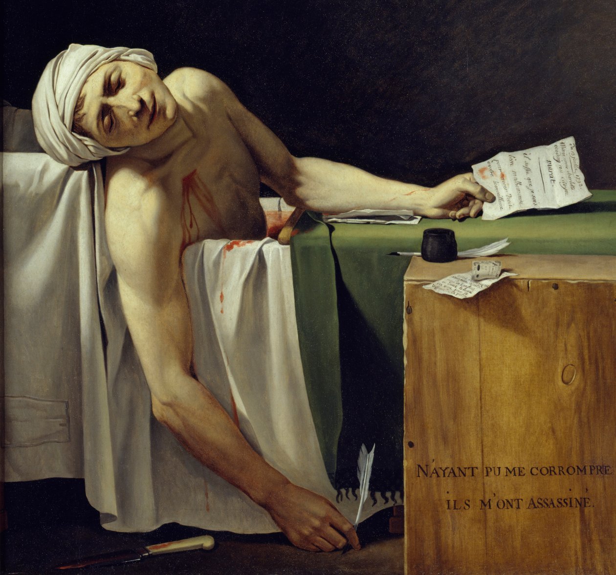The Death of Marat (John Paul Marat (1743-1793) myrdet). Detalj. Maleri av Jacques Louis David (1748 - 1825). 1793 søn. 1,62x1,3 m. Louvre-museet i Paris av Jacques Louis David